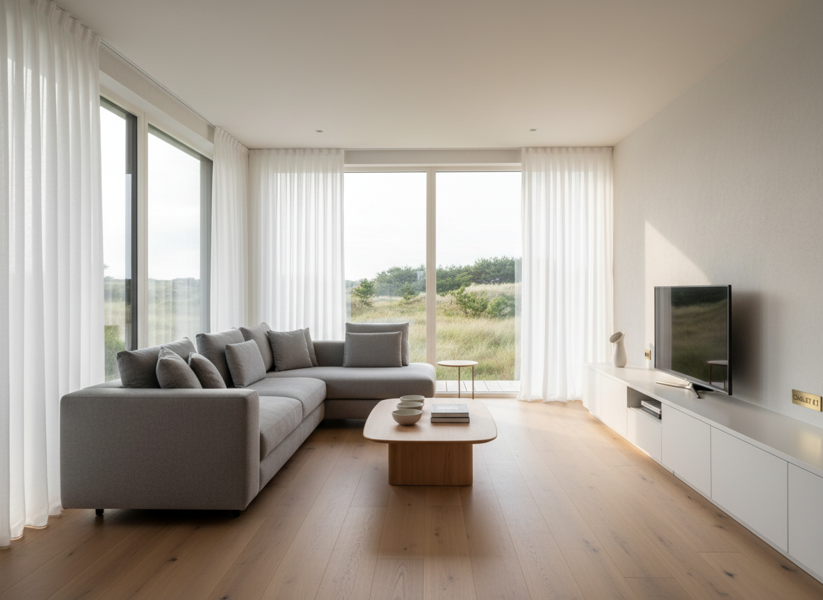 A refined, light-filled living area inside chalet K1, featuring a contemporary L-shaped sofa in soft grey fabric, a low oak coffee table with smooth edges, and a built-in media console in matte white. Large floor-to-ceiling windows reveal dunes and park greenery outside, while sheer curtains add a delicate texture. Morning daylight pours in, creating a bright yet gentle glow across the light oak laminate floor and subtly textured walls. Photographic realism with an eye-level perspective and shallow depth of field emphasizes the seating area, leaving the far corners slightly softened. The composition follows a clean, minimalist aesthetic, conveying a sophisticated, inviting atmosphere ideal for a serene Ameland holiday.